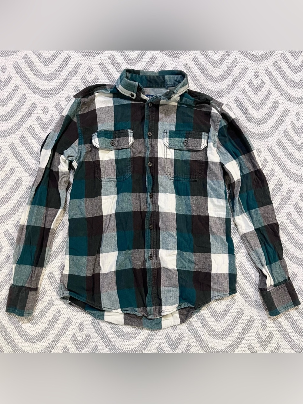 Faded Glory Men’s Cotton Green Brown Plaid Button Up Shirt Small